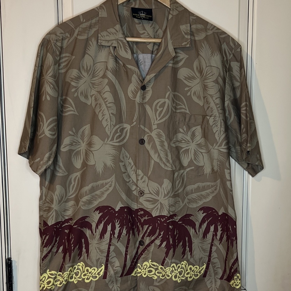 Vintage Royal Creations Hawaiian Shirt Large Tan Maroon Palm Tree Border Floral